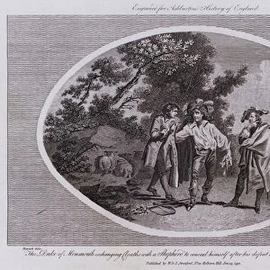 The Duke of Monmouth exchanging Cloaths with a Shepherd to conceal himself after his defeat at the battle of Sedgeley-moor (engraving)