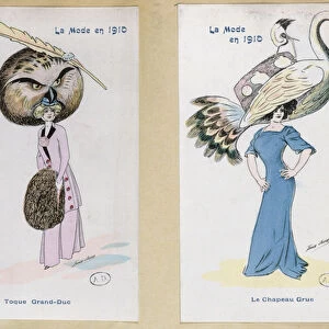 The Eagle Owl Fur Hat and The Crane Hat, cartoon fashion plates