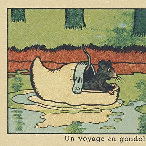 An ebahi fish watches a rat pass through a wooden hoof floating on the water. " A gondola ride", 1936 (illustration)