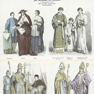 Ecclesiastical costumes, 16th and 17th Century (coloured engraving)