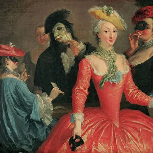 Elegant company in masque costume taking coffee and playing cards (oil on canvas)