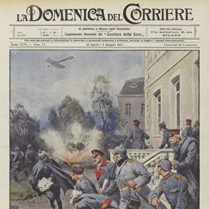 The enemy that comes from the air, a French airplane launches five bombs on the big neighborhood... (colour litho)