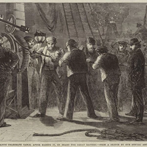 Examining the Atlantic Telegraph Cable, after raising it, on Board the Great Eastern (engraving)