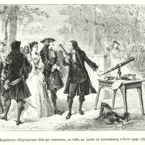 Experience telegraphique faite par Amontons, en 1690, au jardin du Luxembourg a Paris (engraving)