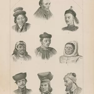 Nine faces of different Mongol races (engraving)