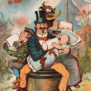 Family sitting on a barrel and drinking (colour litho)