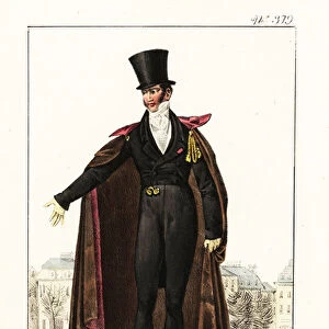Fashionable gentleman in formal outfit, Bourbon Restoration. 1825 (lithograph)
