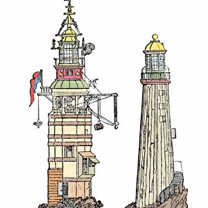 The first and second lighthouse in Eddystone. The first, built in 1696