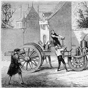 First steam car (the fardier) tried by the inventor Cugnot, inside the Arsenal, Paris