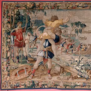 Flemish tapestry. Series The Labours of Hercules. Hercules and Antaeus (Hercules y Anteo). Fourth tapestry in the extant series. ; Model Unknown. Manufacture Willem Dermoyen, Brussels. Ca 1528. Fabric Silk and wool. Size 362 x 403 cm