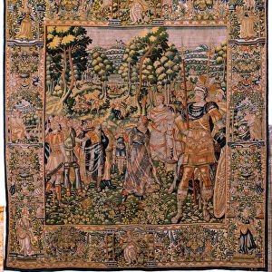 Flemish tapestry. Series Story of Cyrus. No II Astyages recognizes Cyrus (Ciro reconocido por Astiages). Anonymous, based on Michiel Coxcie. Atelier Antwerp. Silk and wool. Ca 1590