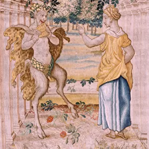 Flemish tapestry. Series Vertumnus and Pomona. Vertumnus transformed into a farmer. Central part of the lower border we see an episode about the loves of Jupiter: Danae. Second tapestry in the series. Model Circle of Pieter Coecke van Aelst