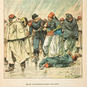 French and Germans, anecdotal history of the War of 1870-1871, 1888, illustration by Georges Hardouin (1846-1893) also says Dick de Lonlay: March of the French prisoners under the rain after the surrender in 1870 - private collection