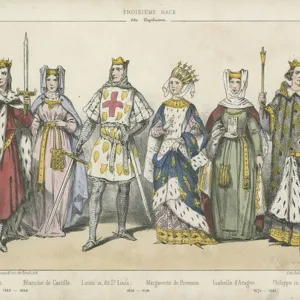 French kings and queens of the 13th Century (coloured engraving)