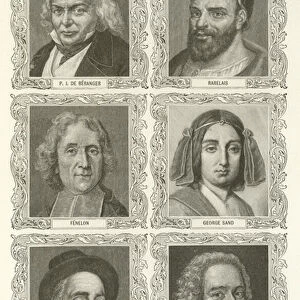 French Poets, Authors, P J De Beranger, Rabelais, Fenelon, George Sand, Montaigne, Voltaire (engraving)