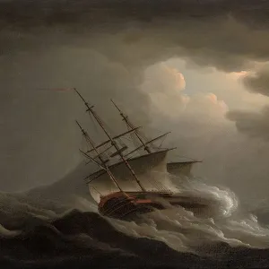 A frigate heeling in an offshore gale (oil on canvas)