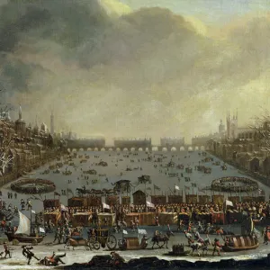 The Frost Fair of the winter of 1683-4 on the Thames, with Old London Bridge in the Distance