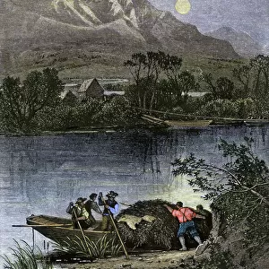 Fur merchant boat with a large pile of beetskin on the river "Bear River", Utah, USA. Colouring engraving of the 19th century