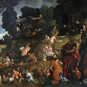 The gathering of manna, israelites in the desert (oil on canvas, 16th century)