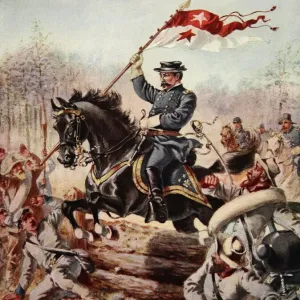 General Sheridan at the Battle of Five Forks, Virginia, 1st April, 1865 (colour litho)