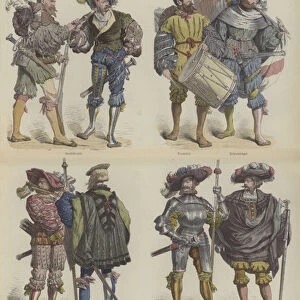 German Landsknechte (mercenary soldiers), early 16th Century (coloured engraving)