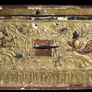 Detail of a gilded wooden box representing a king and a Saracen chief fighting each other