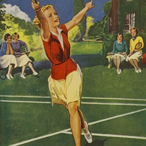 Girl playing tennis (colour litho)
