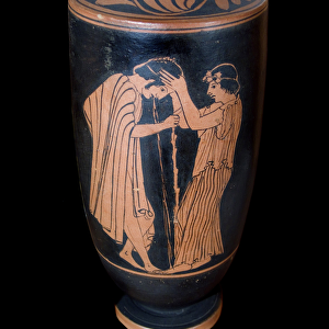 Greek art: a woman holds the head of a man getting vomited. Painting on vase