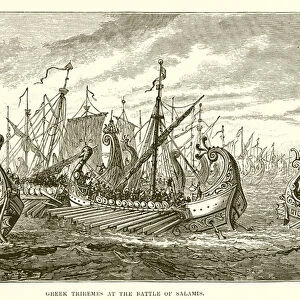 Greek Triremes at the battle of Salamis (engraving)
