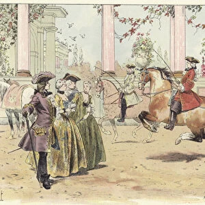 A group of men and women watching an equestrian performance (colour litho)