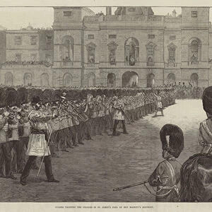 Guards trooping the Colours in St Jamess Park on Her Majestys Birthday (engraving)