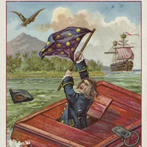 Gulliver in his travelling box, dropped in the sea by an eagle (chromolitho)