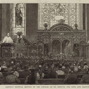 Harvest Festival Service in the Church of St Edmund the King and Martyr, Lombard Street, City (engraving)