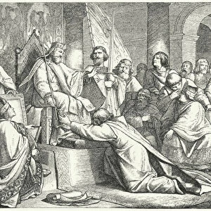 Henry the Lion, Duke of Saxony, submitting to Frederick Barbarossa at Erfurt, 1181 (engraving)