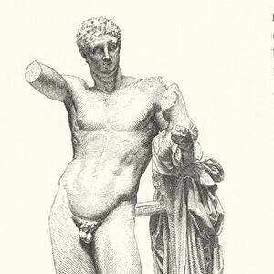 Hermes and the Infant Dionysus, statue by the Ancient Greek sculptor Praxiteles discovered in the ruins of the Temple of Hera, Olympia (engraving)