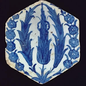 Hexagonal Isnik tile with cypresses and a prunus, 1560-70