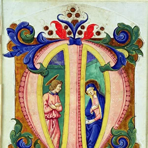 Historiated initial M depicting the Annunciation (vellum)