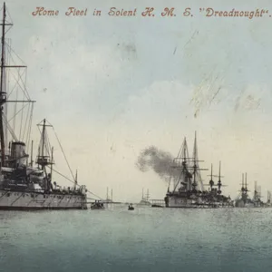 HMS Dreadnought and the Home Fleet in the Solent (coloured photo)