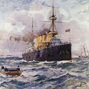 HMS Powerful, British first-class cruiser, marines from which fought at the Siege of Ladysmith in 1899-1900 during the Boer War (colour litho)