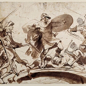 Horatius Cocles defending the Tiber Bridge (pen & ink with wash on paper)