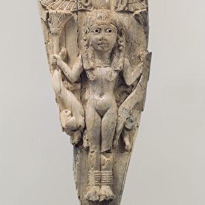 Horse frontlet carved in relief with a female figure flanked by lions, c