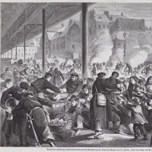 Hungry Parisians begging for food from German soldiers camped on the market square of St Denis after the end of the Siege of Paris, Franco-Prussian War, 1871 (engraving)