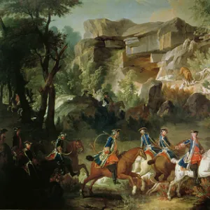 Hunting in the Forest of Fontainebleau at Franchard (oil on canvas)