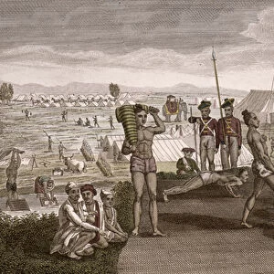 Indian warriors exercising with a view of the English Residents camp, c