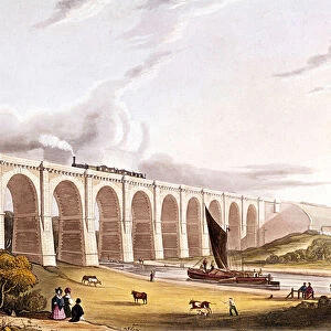 Industrial revolution: view of the railway viaduct crossing the Sankey Valley. Plate taken from "Liverpool & Manchester Railway", London 1832