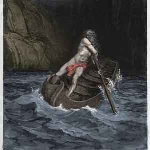 Inferno, Canto 3 : Charon (Caron) on the River Acheron, illustration from