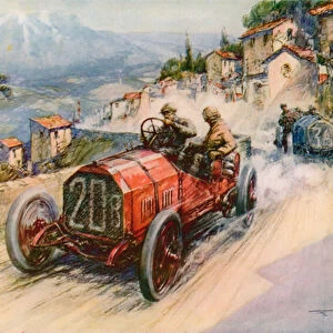 Italys champion, Felice Nazzaro, and the Fiat winning the 1907 Targa Florio, the combination having previously won the Grand Prix and the Kaiserpreis (colour litho)