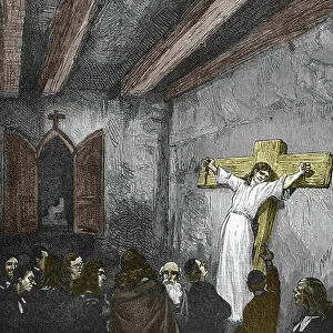 Jansenist convulsionary (or Saint Medard) (Works of convulsions): " the nun sister Francoise, in a mystico-religious trance, is crucified by Father Cottu in 1758" (Convulsionnaire practices (Convulsionnaires of Saint-Medard)