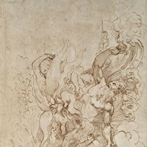 Jehovah in a flaming Cloud attended by Angels (recto) (pen