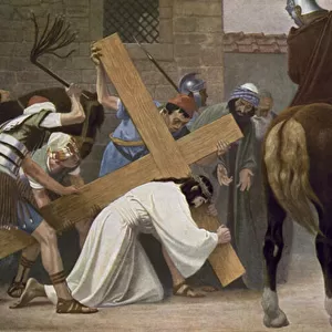 Jesus falls for the first time while carrying his Cross (colour litho)